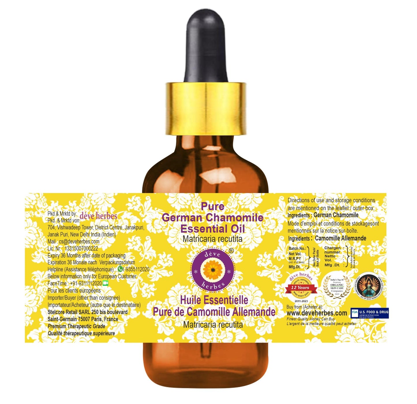dève herbes German Chamomile Essential Oil (Matricaria recutita) with Glass Dropper | Pure | Non-Sticky | Non-Greasy | Lightweight | Men & Women | All Skin Types | Steam Distilled 10ml (0.33 oz)
