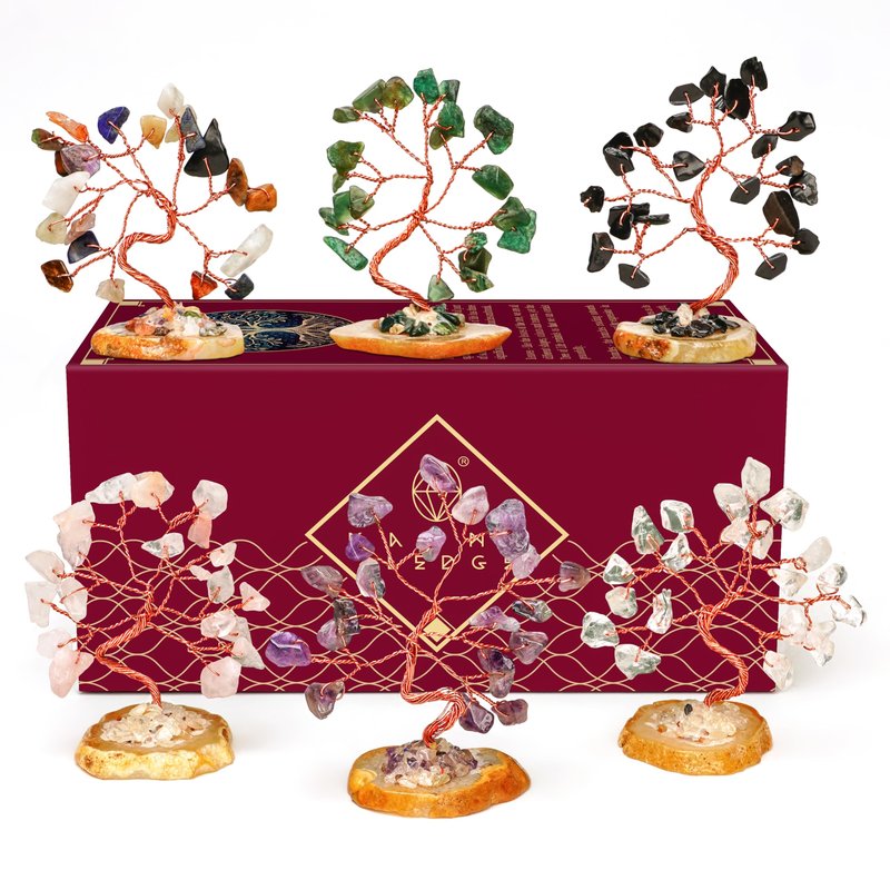Set of 6 Crystal Trees Unique Birthday Gifts for Women, Mom & Dad, Slice Base Handmade Reiki Healing Stones for Home, Office Desk Decor, Bring Money, Positivity, Spiritual Good Luck Gifts