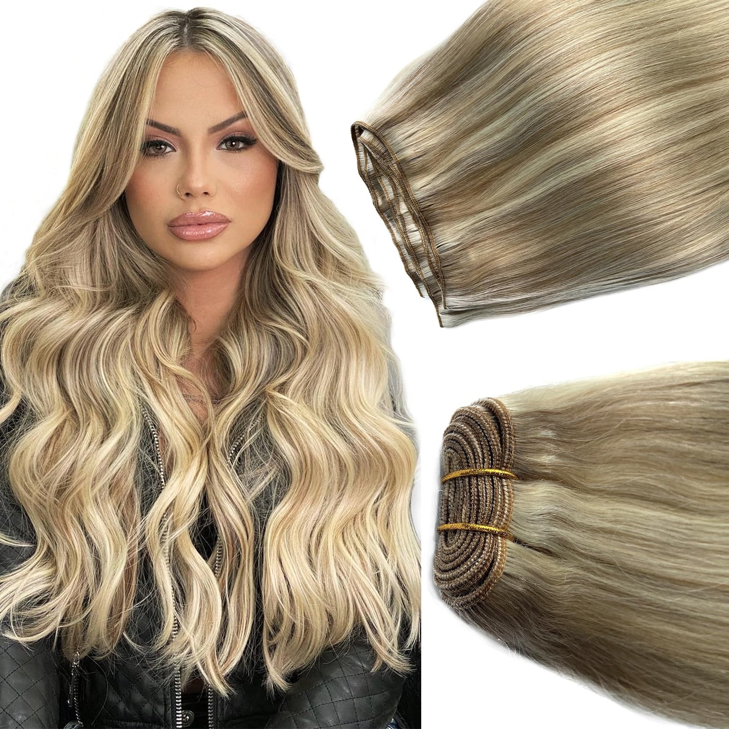Ash Blonde Balayage Blonde Highlights Sew in Hair Extensions Real Human Hair Hand Tied Weft Extensions Remy Human Hair Bundles 14 Inch 80G Sew in Weft Hair Extension Human Hair Weave
