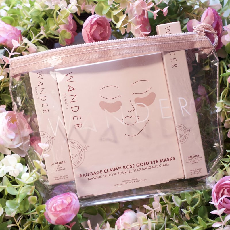 Wander Beauty Love at First Flight Bundle, Makeup Set with Rose Gold Eye Masks, Lip gloss, Lipsetter Dual Lipstick and Liner, Travel Bag