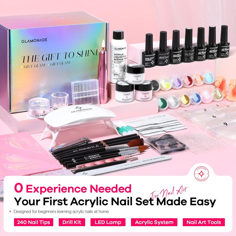 Glamonade Acrylic Nail Kit for Beginners: Professional Nail Set with Drill Acrylic Powder Gel Polish Nail Stamp for Home Starter Practice & DIY Manicure
