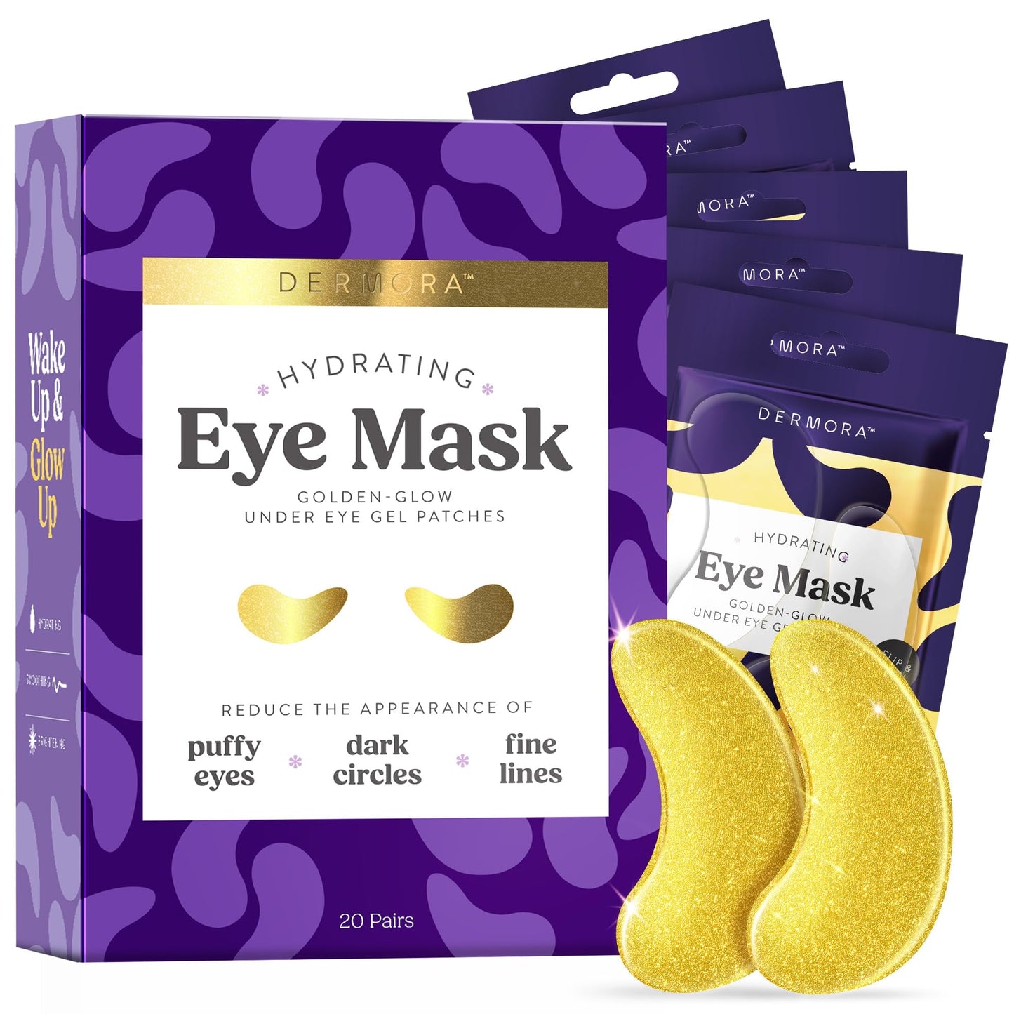 DERMORA Golden Glow Under Eye Patches - 20 Pairs Individually Packed, Hydrating Soft Gel Eye Masks for Puffiness, Wrinkles, Dark Circles & Fine Lines, Glowing Skin, Travel Friendly