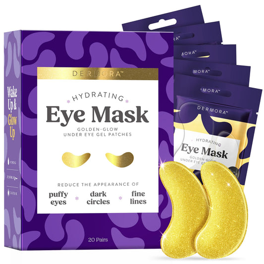 DERMORA Golden Glow Under Eye Patches - 20 Pairs Individually Packed, Hydrating Soft Gel Eye Masks for Puffiness, Wrinkles, Dark Circles & Fine Lines, Glowing Skin, Travel Friendly