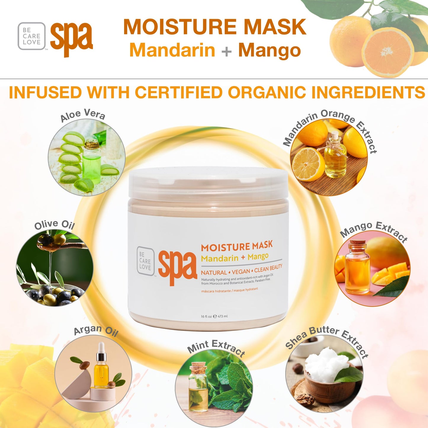 BCL SPA Organic Mandarin and Mango moisture mask for hands, foot mask, and body mask skin care spa treatment, home or professional use with argan oil, olive oil, aloe vera, cucumber, and kelp 16 fl oz