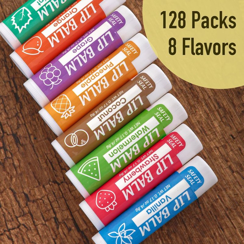 128 Pack Natural Lip Balm | Moisturizing with Vitamin E & Coconut Oil - 8 Flavors for Dry Cracked Lips