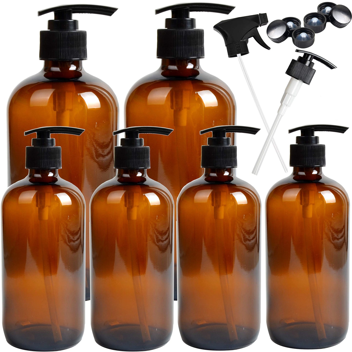 Youngever 6 Pack Empty Glass Pump Bottles, 2 Pack 16 Ounce and 4 Pack 8 Ounce Pump Bottles, Soap Dispenser, Refillable Containers (Blue)