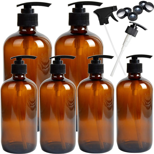 Youngever 6 Pack Empty Glass Pump Bottles, 2 Pack 16 Ounce and 4 Pack 8 Ounce Pump Bottles, Soap Dispenser, Refillable Containers (Blue)