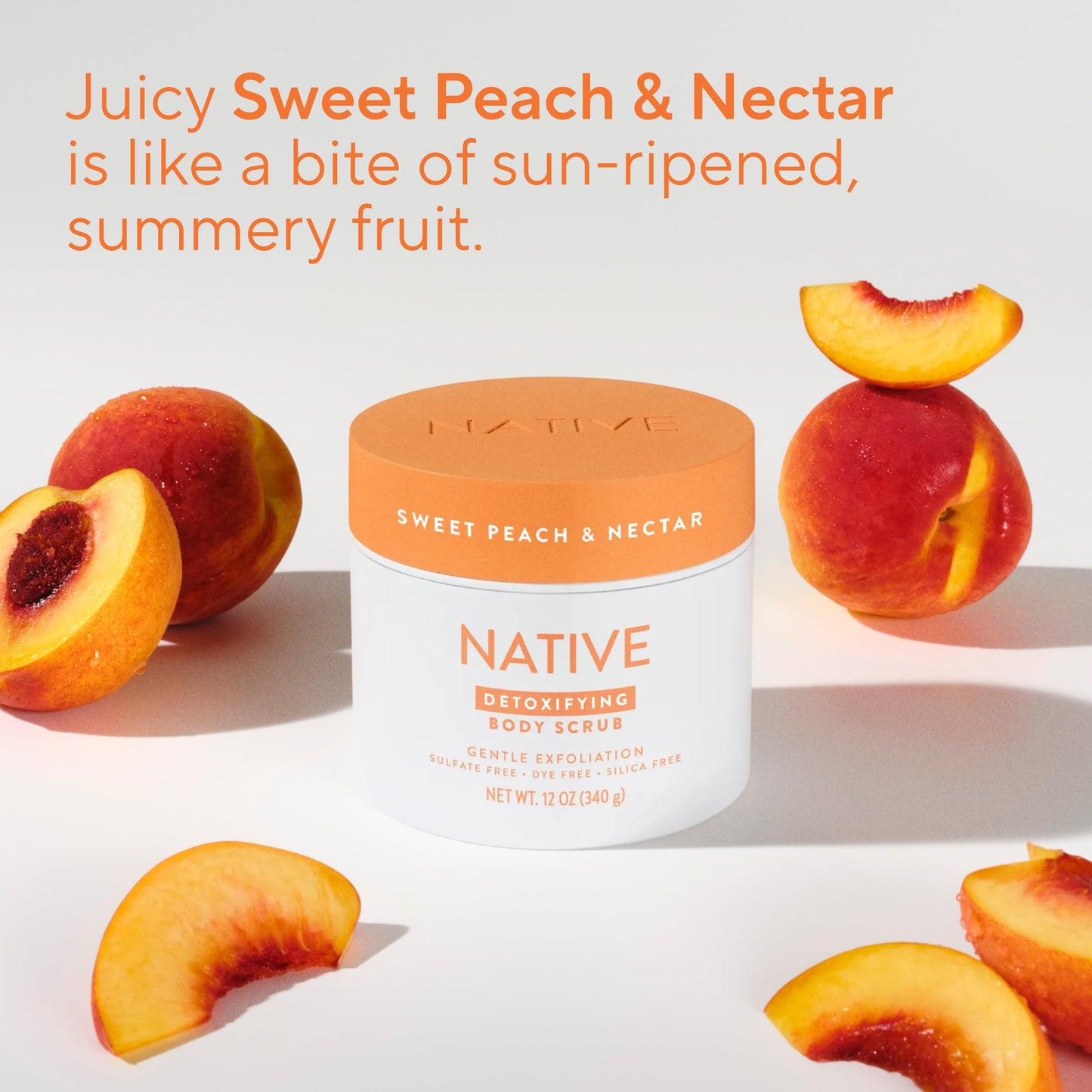 Native Exfoliating Body Scrub Bundle, Gentle Body Polish for Soft, Smooth Skin, Made without Sulfates, Parabens, or Dyes, Coconut & Vanilla + Sweet Peach & Nectar Scents, 12 oz (Pack of 2)