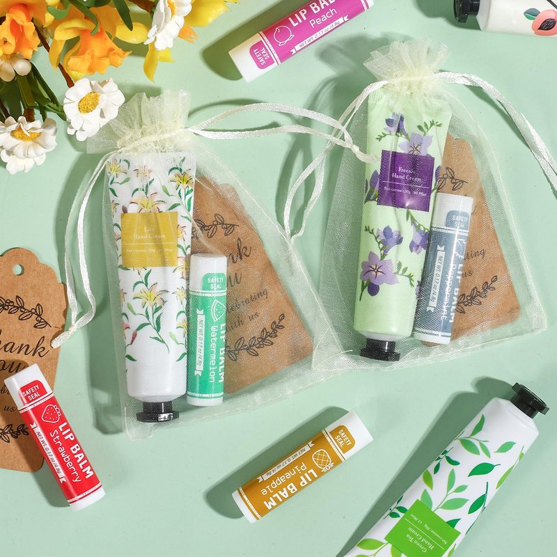 AZEN 60 Sets Bulk Gifts, Hand Cream and Lip Balm Bulk Set with Organza Bag Thank You Card, Baby Shower Wedding Gift for Guests, Bridal Wedding Favors for Guests, Mothers Day Gifts Stocking Stuffers