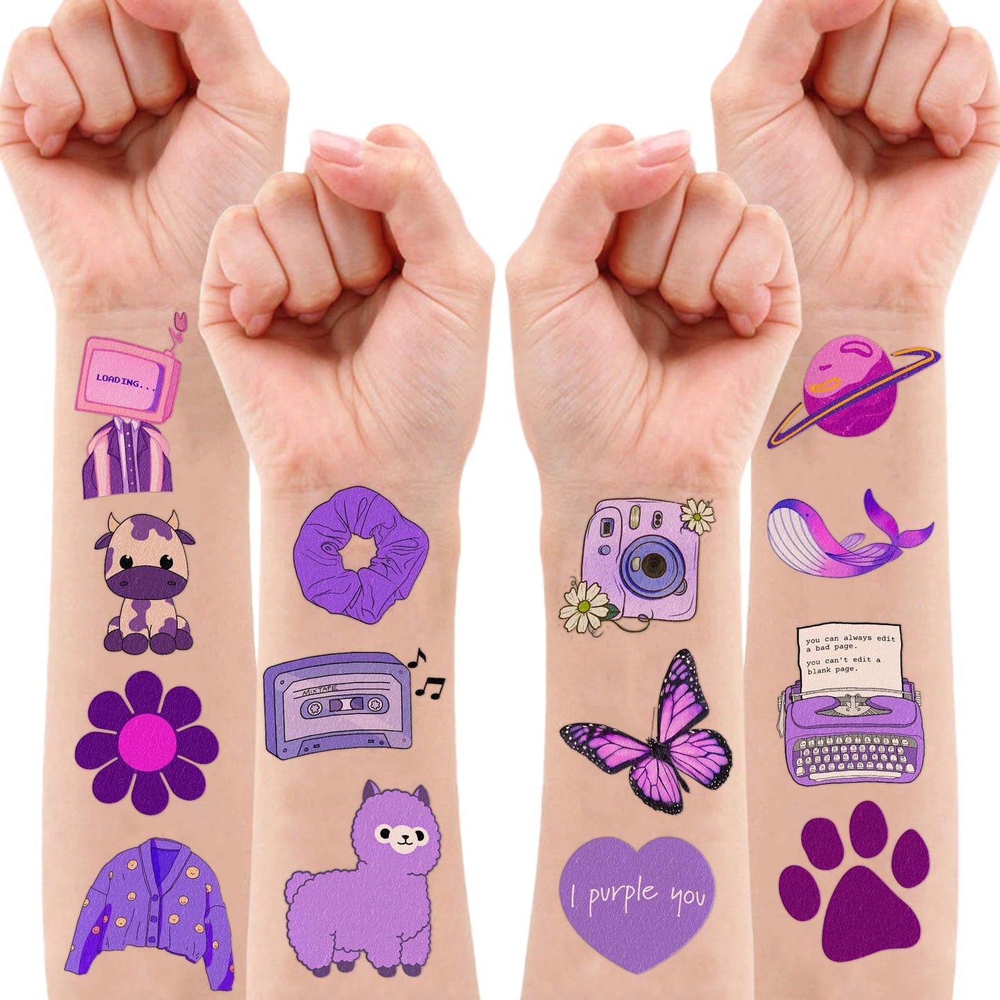 Cute Purple Temporary Tattoos Dark Purple Birthday Party Decorations Favors Supplies Violet Themed Cute Stickers 10 Sheets 100 PCS Gifts for Baby Girls Boys Decor Class School Carnival Christmas