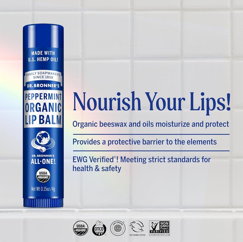 Dr. Bronner's Organic Lip Balm Variety Pack - Peppermint, Orange Ginger, Lemon Lime | 0.15 oz Each, Moisturizing Beeswax & Avocado Oil