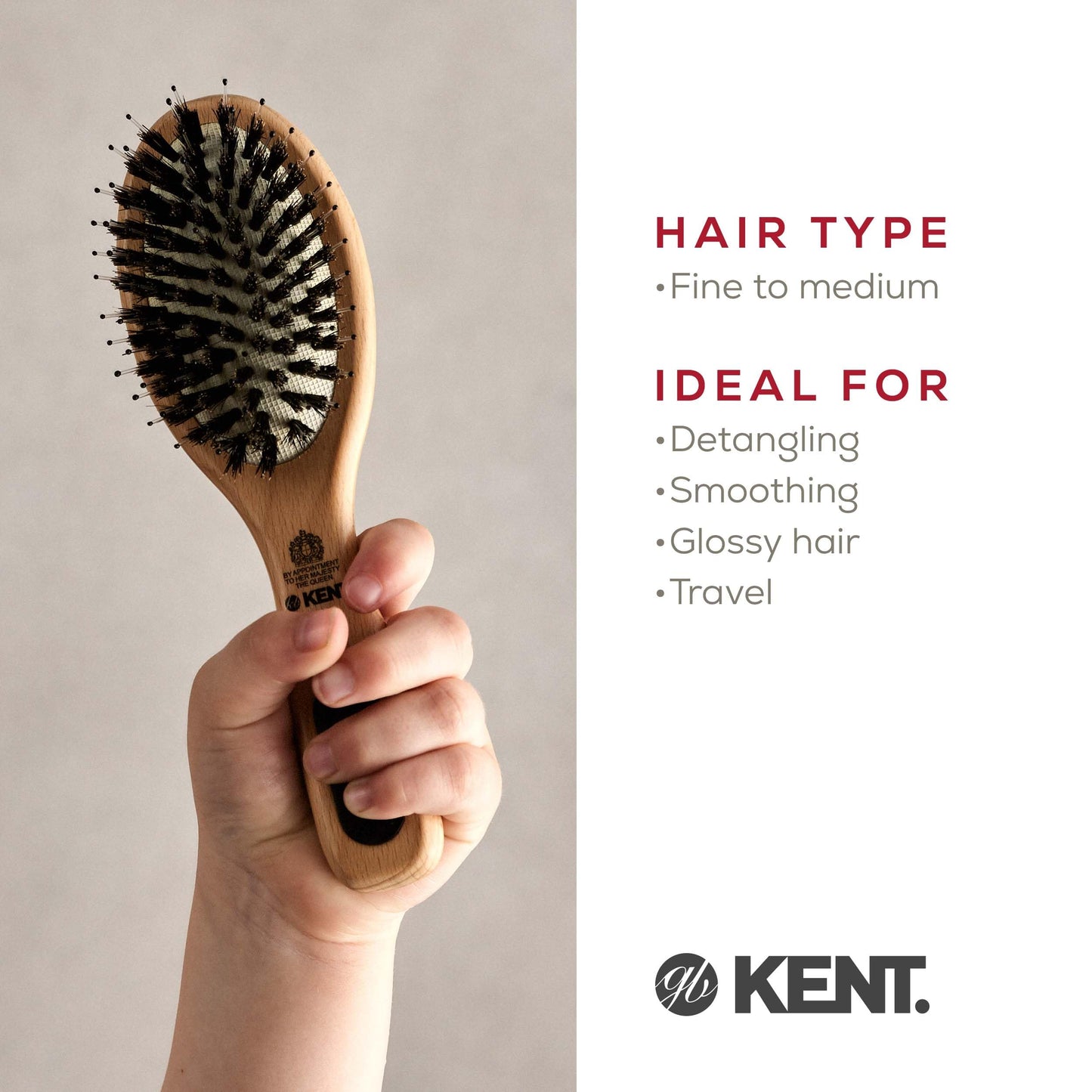 Kent PF02 Small Cushion Detangler Brush – Boar Bristle & Nylon Mix for Smoothing and Straightening Oval Wood Paddle for Medium to Long Hair
