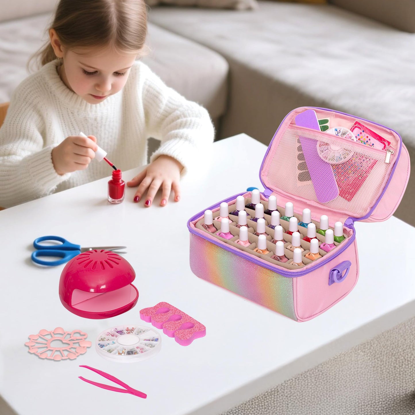 Kids Small Nail Polish Storage Holds 24 Bottles (0.15 fl oz - 0.17 fl oz), Double Layer Carrying Case for Nail Supplies, Rainbow Sequins Design, for Kids Girls Dress Up Play Travel, Pink, Case Only