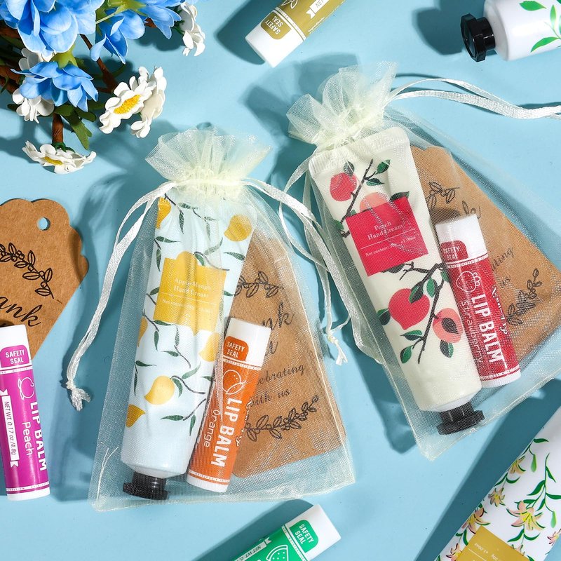 AZEN 60 Sets Bulk Gifts, Hand Cream and Lip Balm Bulk Set with Organza Bag Thank You Card, Baby Shower Wedding Gift for Guests, Bridal Wedding Favors for Guests, Mothers Day Gifts Stocking Stuffers