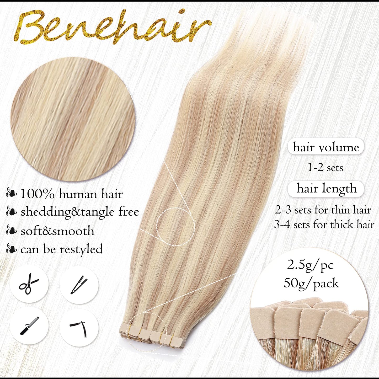 Benehair Tape in Hair Extensions Human Hair Balayage Ash Blonde Highlighted Bleach Blonde 20pcs 40g/pack Straight Hair Extensions Seamless Skin Weft Tape in Natural Hair (14", 18P613)