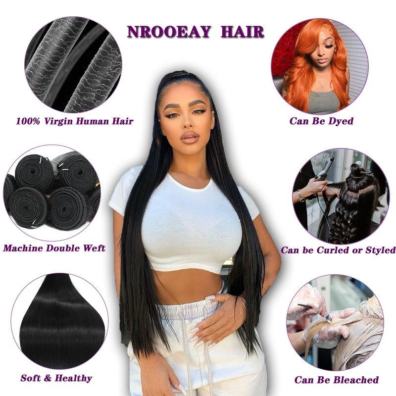 NROOEAY Straight Bundles Human Hair 22 inch 100% Unprocessed Brazilian Straight Hair Bundles 12A Remy Virgin Retain the Intact Cuticle, Long Lifespan