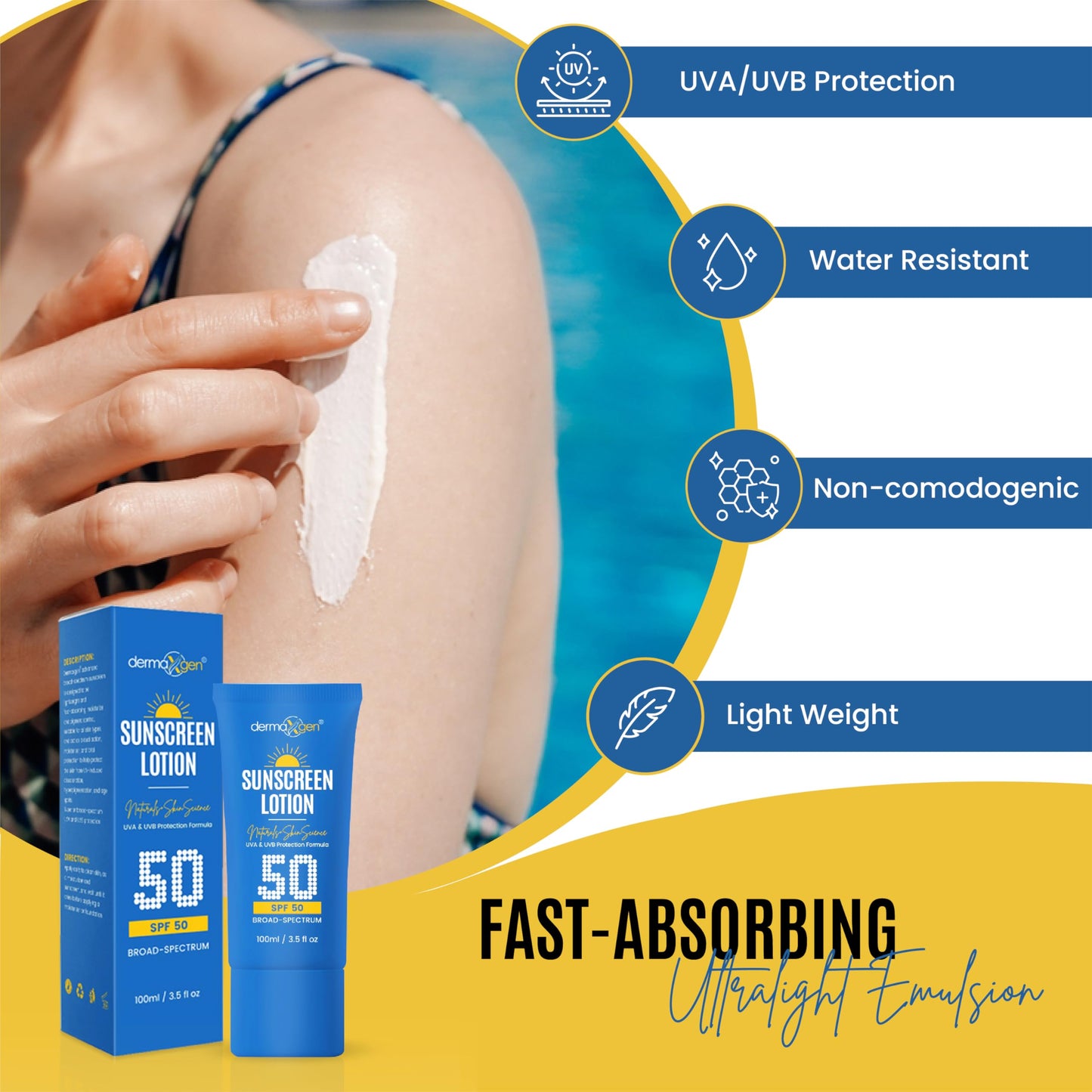 Dermaxgen Sunscreen Lotion SPF 50 – Lightweight, Non-Greasy Sun Protection for All Skin Types. Hydrates, Skin Shield , Water-Resistant Coverage for Radiant, Moisturized Skin.