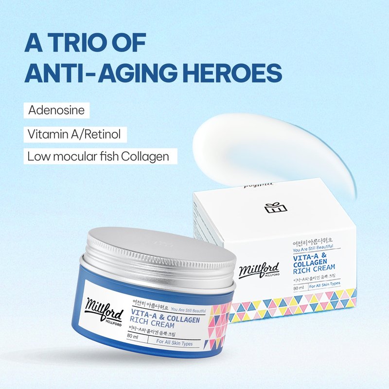 Millford Vita A & Collagen Rich Cream 80ml/2.7 Oz, Fish/Marine Collagen, Face Cream, Anti Aging, Facial Moisturizer, Wrinkes, Fine Lines, Retinyl Palmitate, Korean Skincare