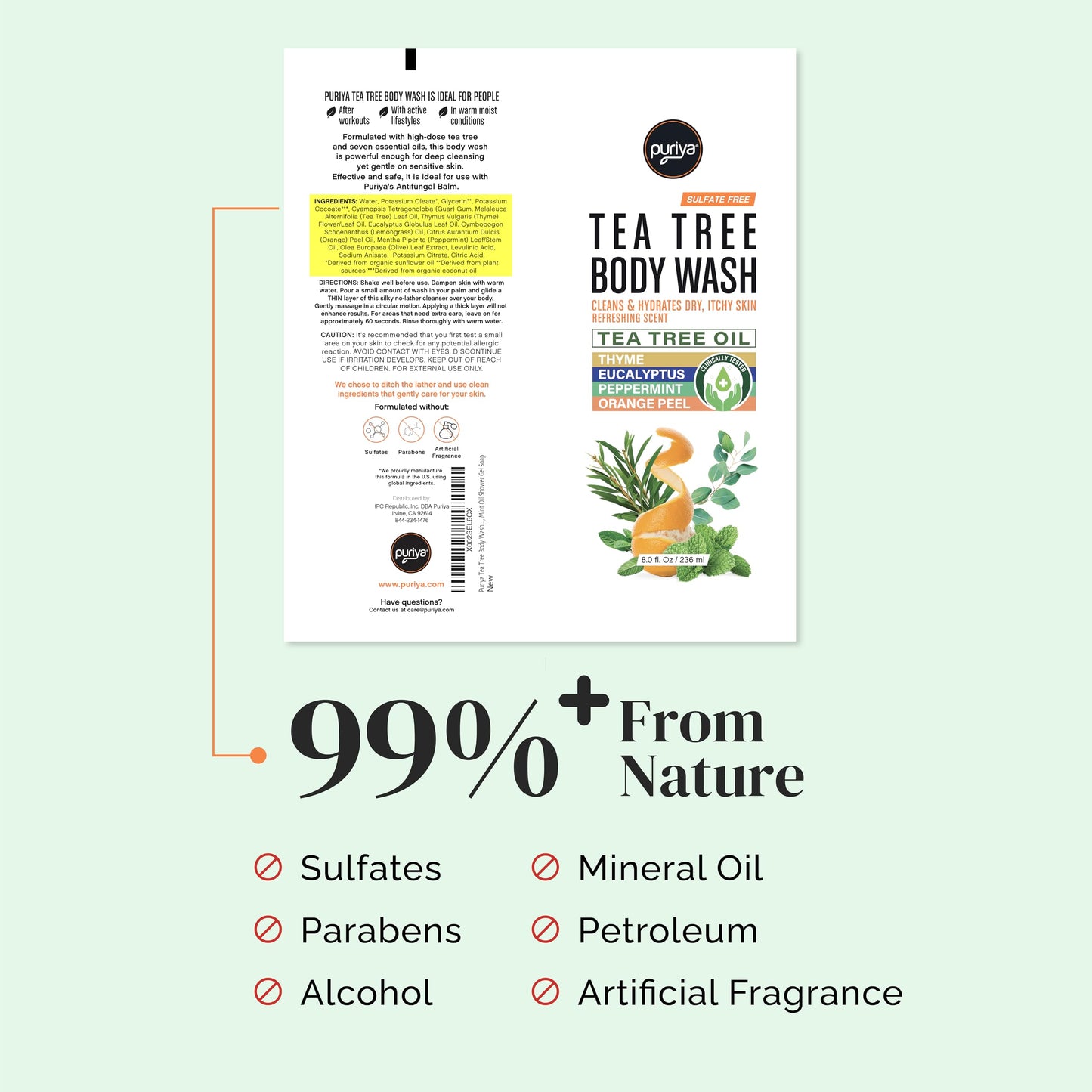 Puriya Tea Tree Body Wash, Use with Jock Itch, Athletes Foot, Body Back Acne Treatment, Moisturizing Natural Wash for Men, Women, Dry Skin, Eucalyptus, Mint Oil Shower Gel Soap