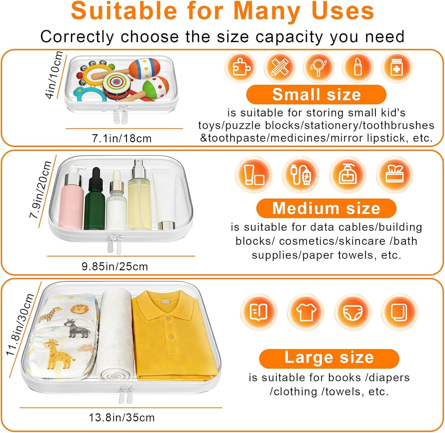 Clear Hard Shell Zipper Case Set - 3PCS Toy & Cosmetic Organizers | Medium Stackable Travel Bags 9.85x7.9x2 IN