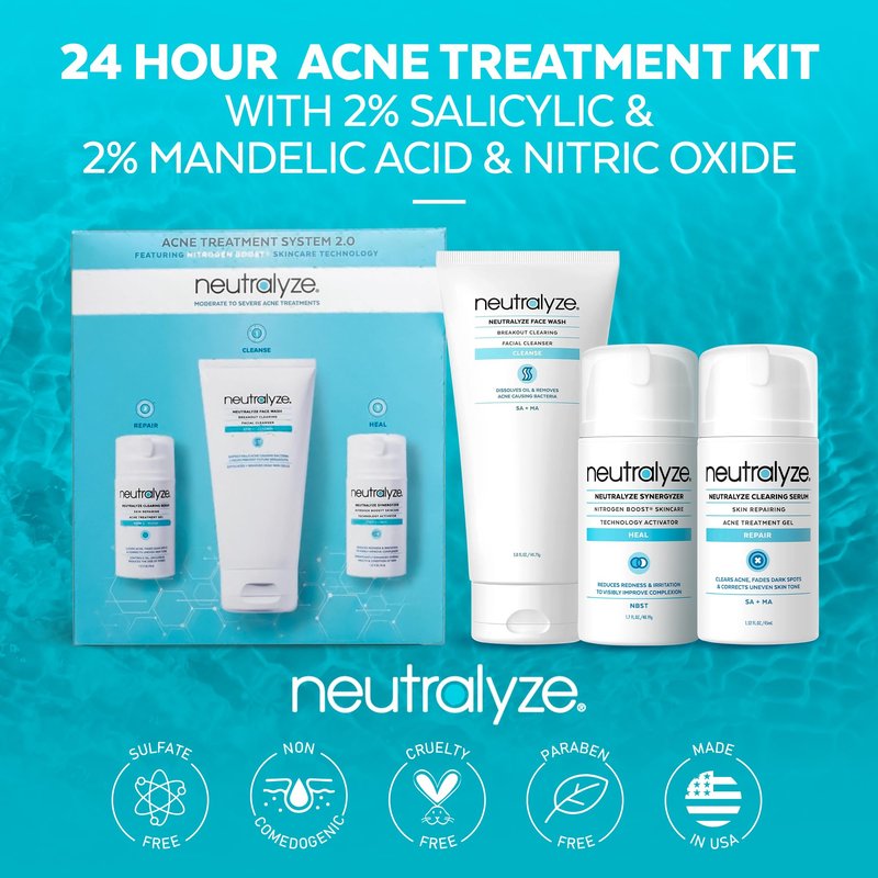 Neutralyze Moderate to Severe Acne Treatment Kit 2.0 - Maximum Strength 3 Step Acne Kit with 2% Salicylic Acid, 2% Mandelic Acid & Nitric Oxide - Includes Face Wash, Clearing Serum & Synergyzer