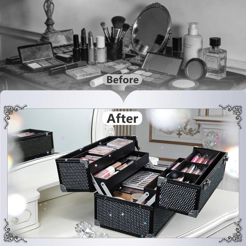 Stagiant 12.6 Inch Large Makeup Train Case - Professional Organizer with 4 Trays & Adjustable Compartments | Black