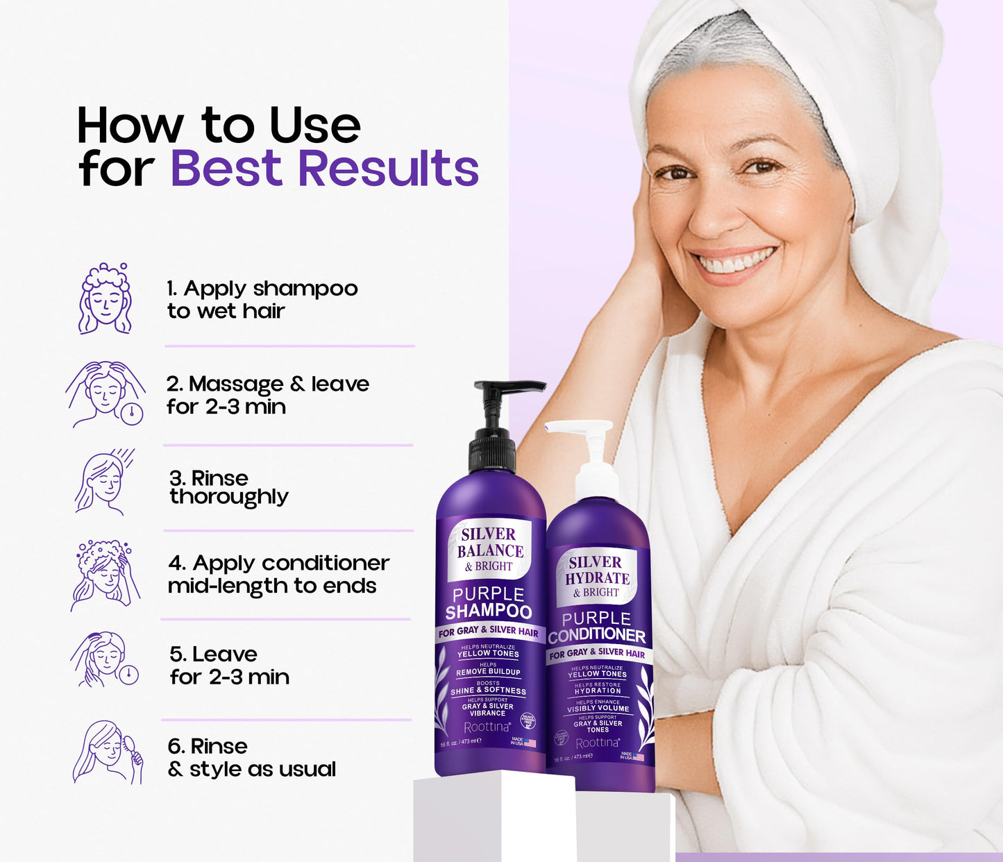 ROOTTINA Sulfate Free Brass Toning Purple Shampoo and Conditioner Set for Grey and Silver Hair, Moisturizing & Color-Safe, Enhances Shine & Brightness, Made in USA, (16 fl oz each)