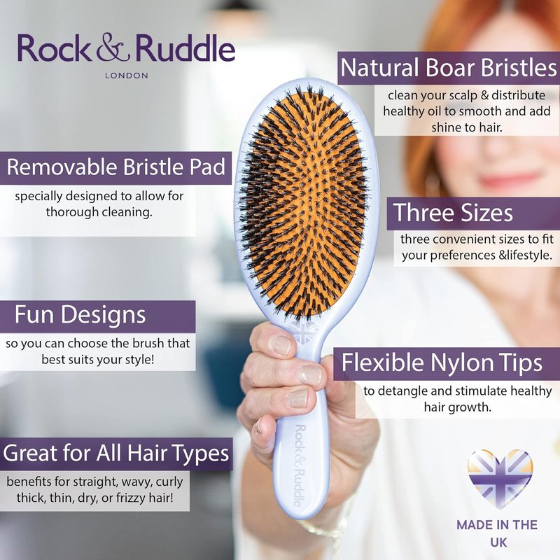 Natural Mixed Boar Bristle Hair Brush for Women & Kids - Luxury Lavender Design | 23.5 cm for Wet & Dry Hair Detangling