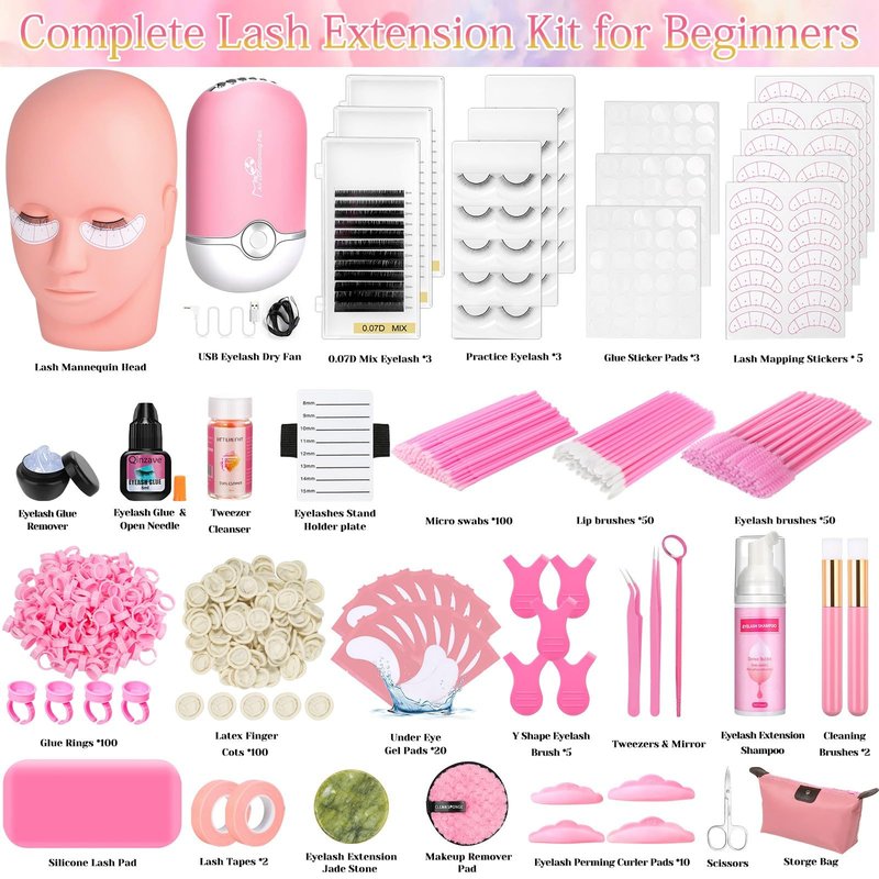 Lashes Kit for Eyelash Extension Beginners 470PCS Professional Lash Mannequin Head Practice Kit with Everything Lash Glue Lash Shampoo Lash Fan, Lash Extension Supplies for Practice Training