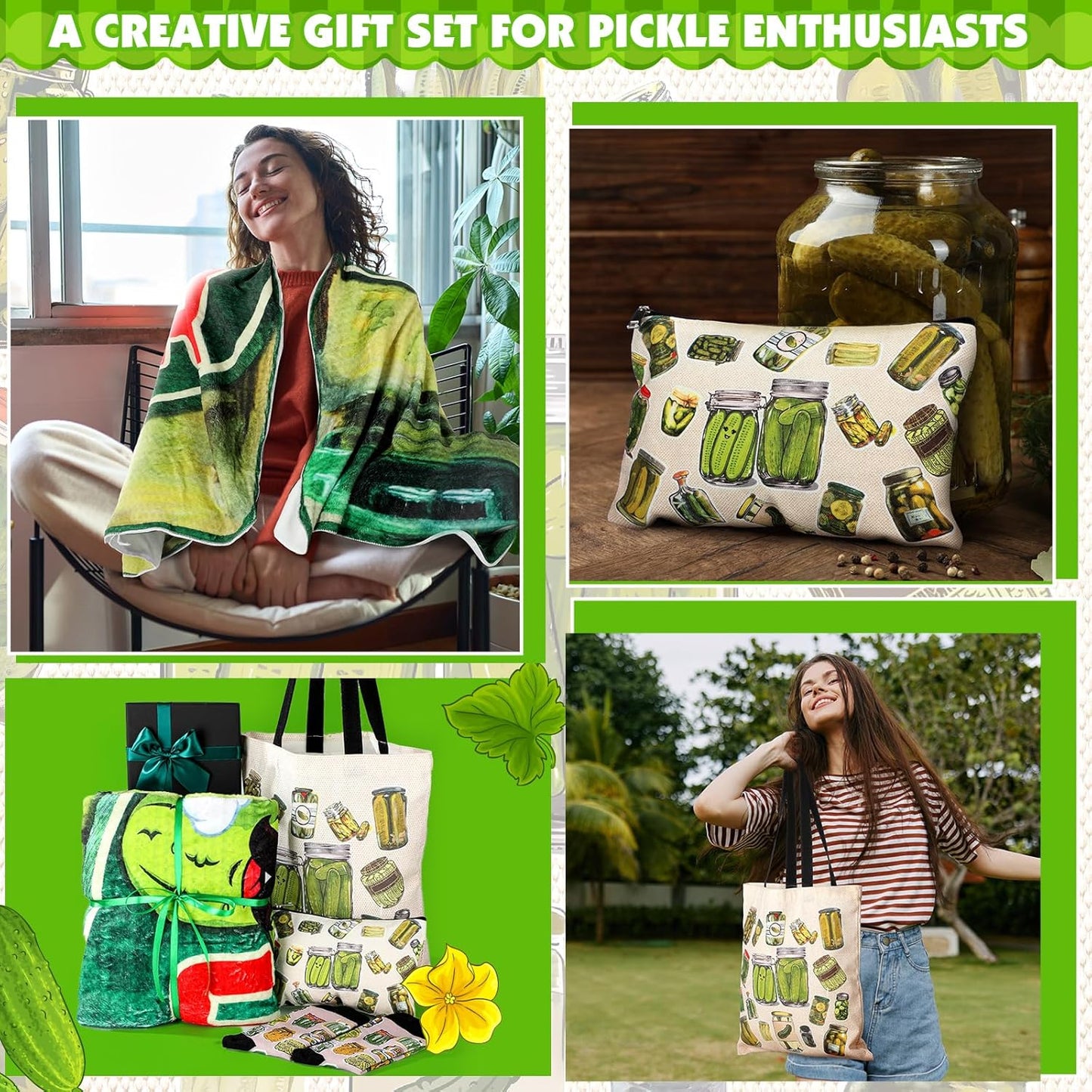 Funny Pickle Gifts Set for Women - 4 Pcs Pickle Lovers Bundle | Blanket, Tote Bag, Makeup Bag & Socks