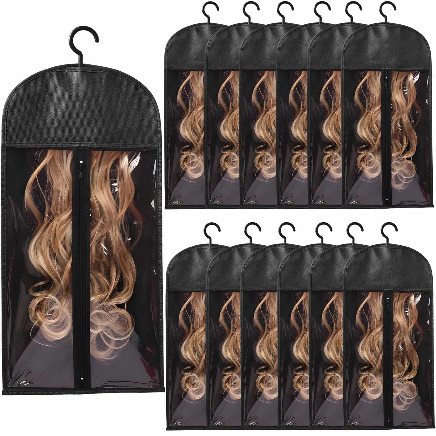 Kneysan 12-PCS Wig Storage Bags with Hangers – Premium Hair Extension Organizer for Multiple Wigs, 60cm x 30cm Dust-Proof Closet Savers (Black)