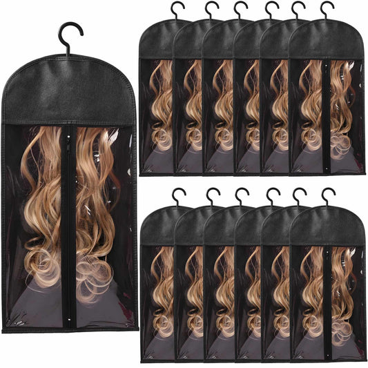 Kneysan 12-PCS Wig Storage Bags with Hangers – Premium Hair Extension Organizer for Multiple Wigs, 60cm x 30cm Dust-Proof Closet Savers (Black)