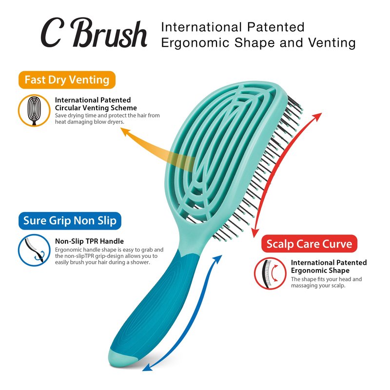 NuWay C Brush Scalp Care Detangling Hair Brush – Gentle Scalp Massage & Easy Detangling for Wet or Dry Hair, Everyday Hairbrush for Healthy Looking Hair (Turquoise)