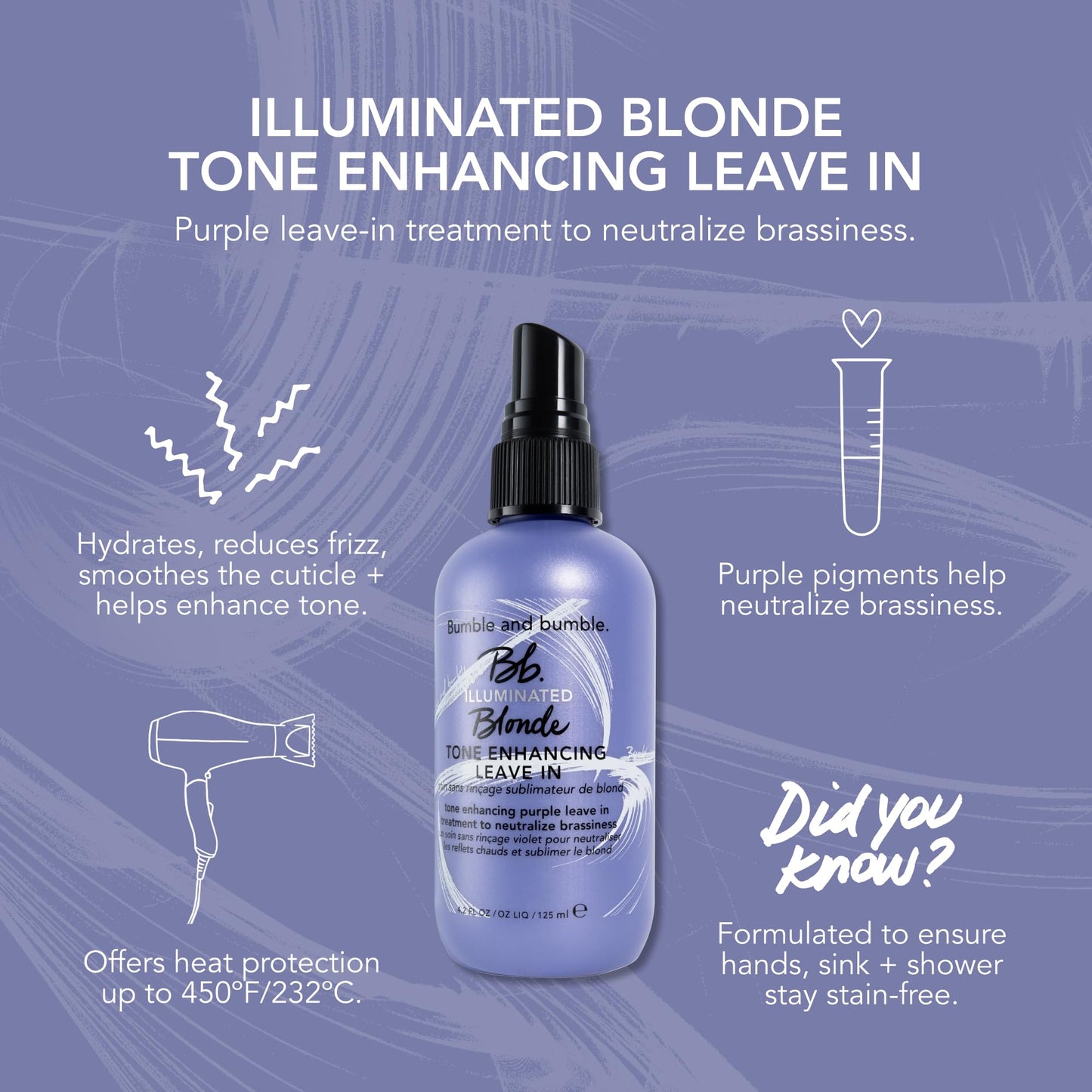 Bumble and bumble. Illuminated Blonde Tone Enhancing Purple Leave-in Treatment Spray | Neutralize Brassiness | Heat Protection, Hydrating, Anti Frizz, Color Safe | Curl, Wavy, Straight, 4.2 Fl Oz