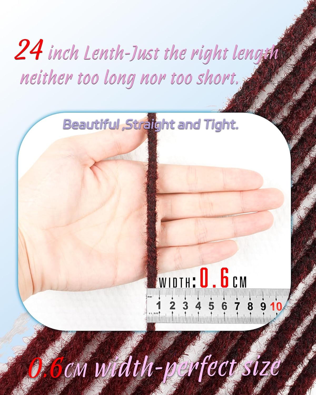 Dreadlock Extensions - 24 Inch Ombre Burgundy Faux Locs | Soft Synthetic Hair, 50 Strands, 0.6 cm Width