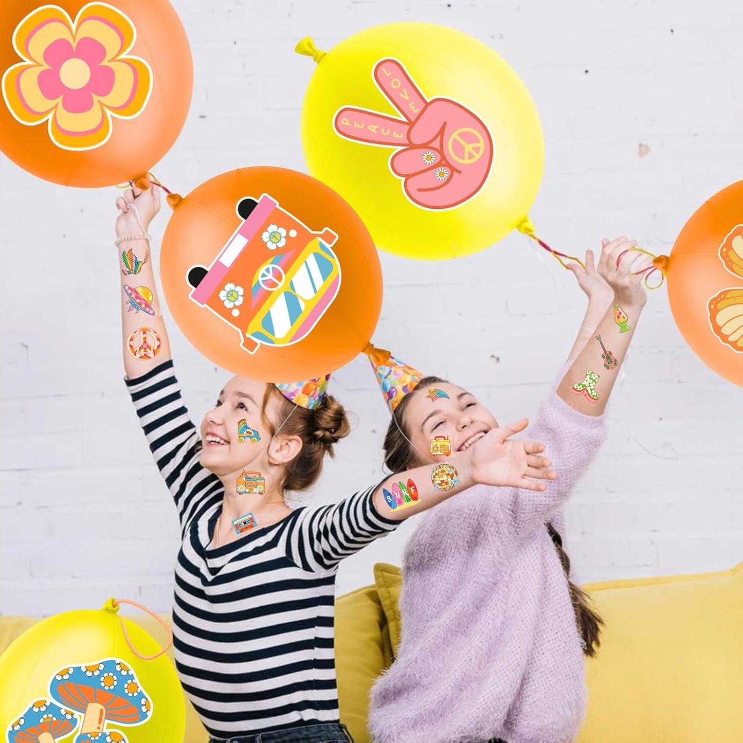 Groovy Party Favors - 72 PCS Set with 48 Pre-Cut Temporary Tattoos & 24 Punch Balloons | Birthday Decorations & Goodie Bag Fillers