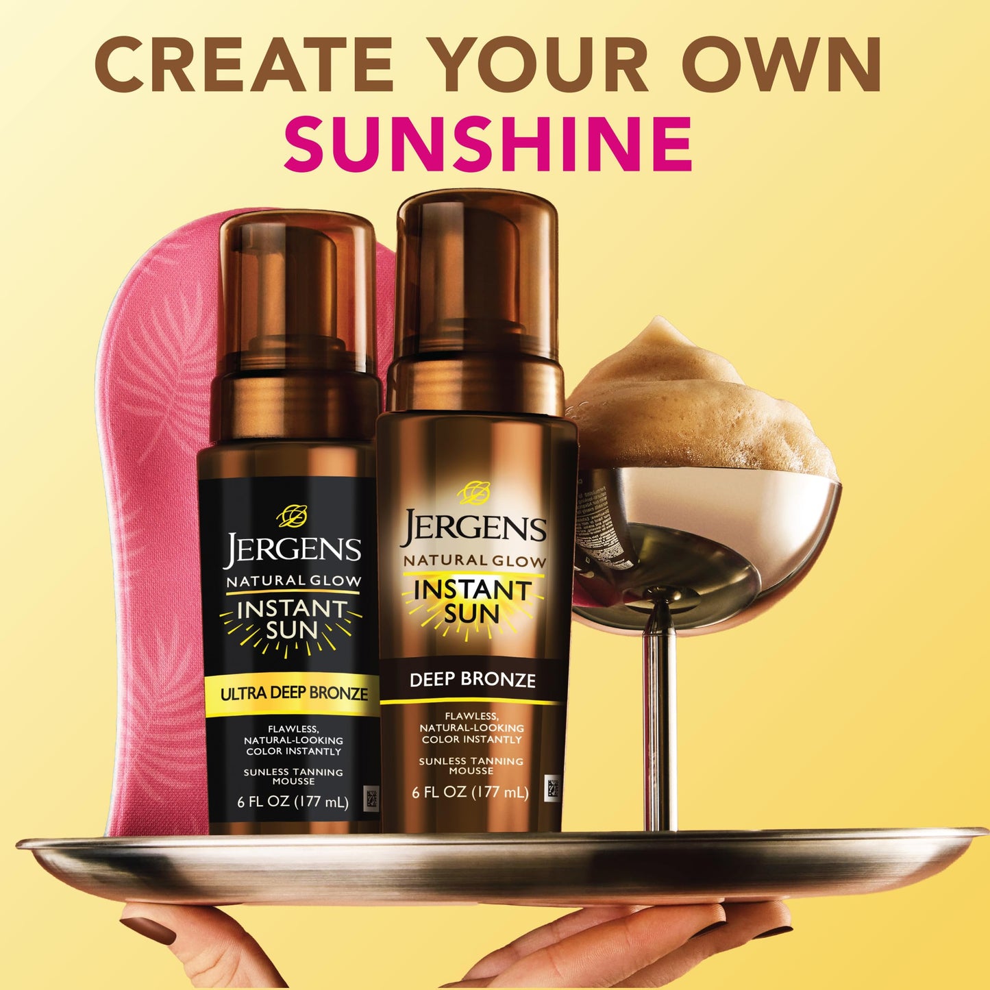 Jergens Natural Glow Instant Sun Body Mousse, Self Tanner for Deep Bronze Tan, Sunless Tanning Body Bronzer for Natural Looking Color Instantly, 6 Oz, Pack of 2