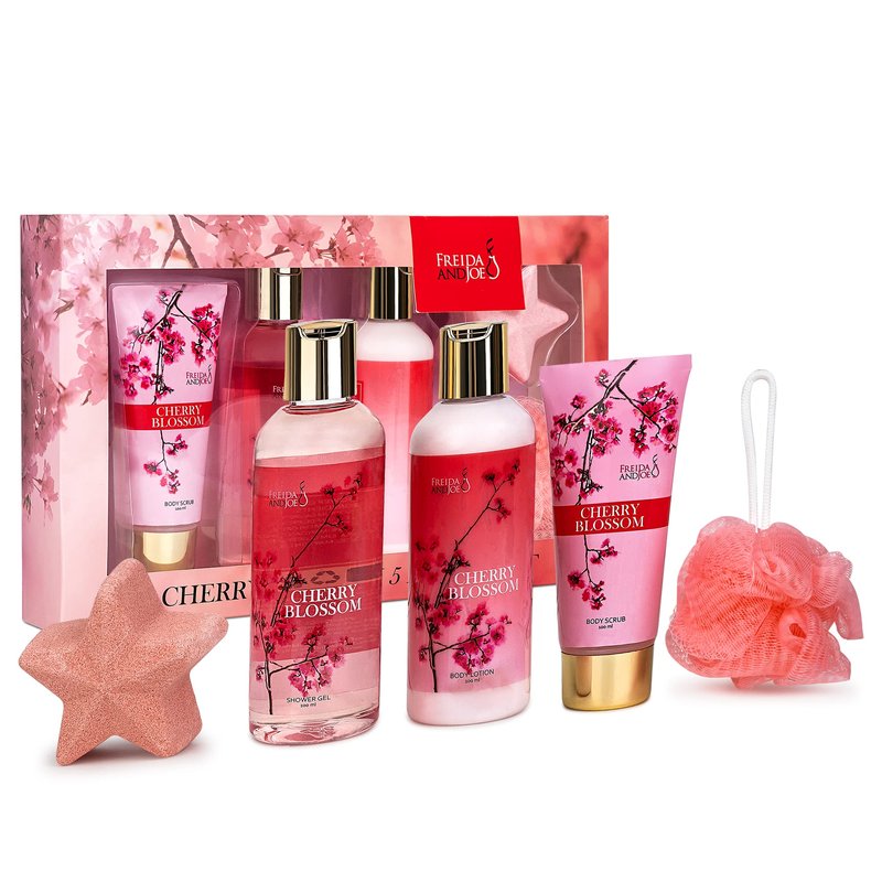 Fragrance Bath & Body Collection Gift Box, Includes Shower Gel, Body Lotion, Body Scrub, Bath Bomb & Sponge (Cherry Blossom Bath & Body Collection)