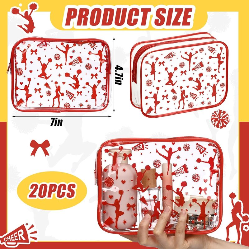 Clear PVC Makeup Bag for Cheer Teams - 20 Pcs Zipper Pouch | 7.9 x 5.9 x 2.4'' Red