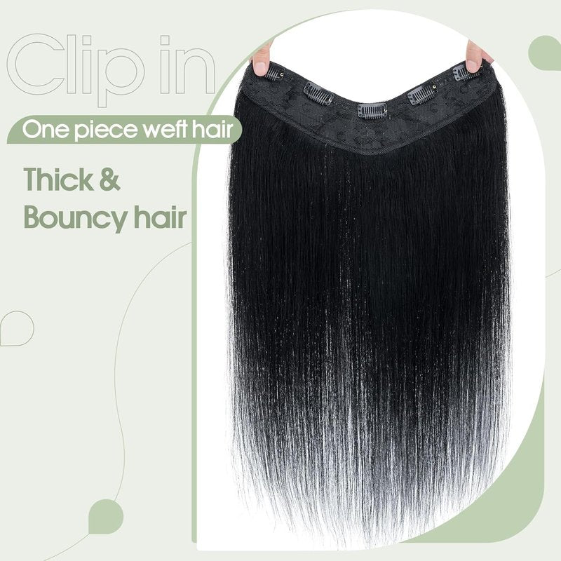 One Piece Clip-In Hair Extensions - Human Hair V Part Weft, Thicker Lace Net, 14" | #01 Jet Black