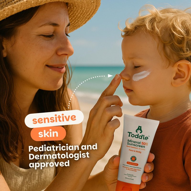 Toddle Prebiotic Mineral Sunscreen SPF 50 for Kids & Baby, Face & Body Sun Protection, Reef Safe, Non-Toxic Zinc Oxide Broad Spectrum, Water-Resistant, No White Cast, 6oz