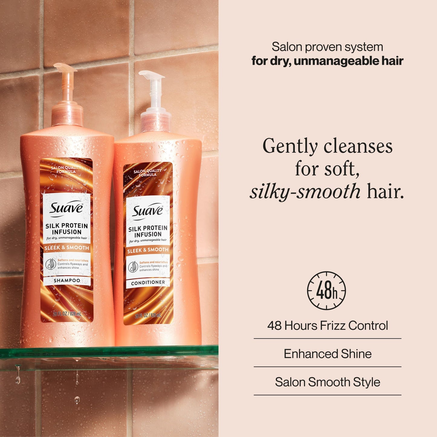 Suave Silk Protein Smooth & Sleek Shampoo for Dry, Unmanageable Hair, Anti-Humidity + 48HR Frizz Control, Enhances Shine, 28 FL OZ Pump, 4 Count