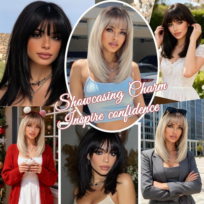 Blonde Bob Wig with Bangs - Ombre Synthetic Hair | 14-Inch Layered Short Straight Wig for Cosplay & Daily Wear