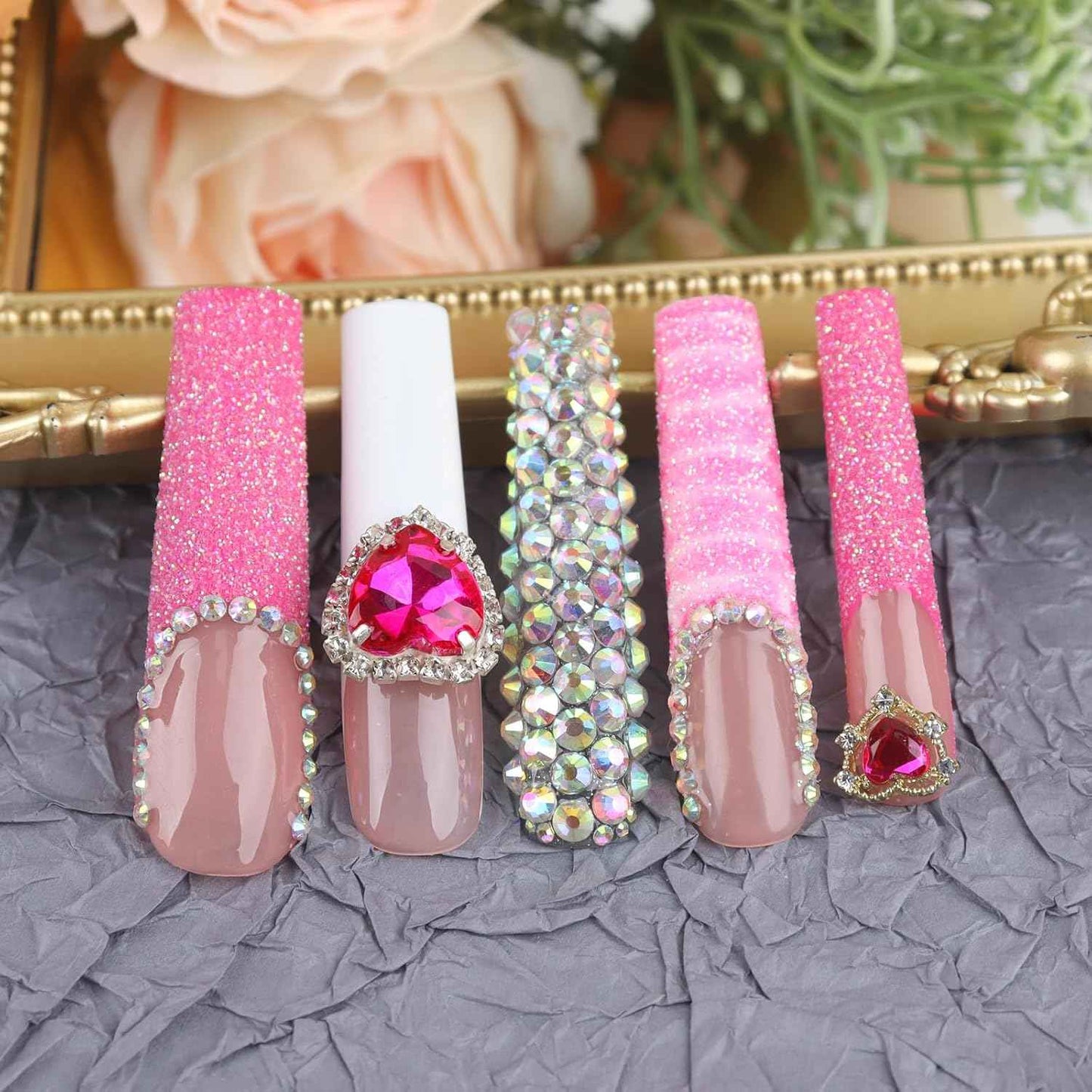Luxury Pink Acrylic Nail Tips with Crystals - Reusable Long Square Press-On Nails (10 Pcs, Size M)