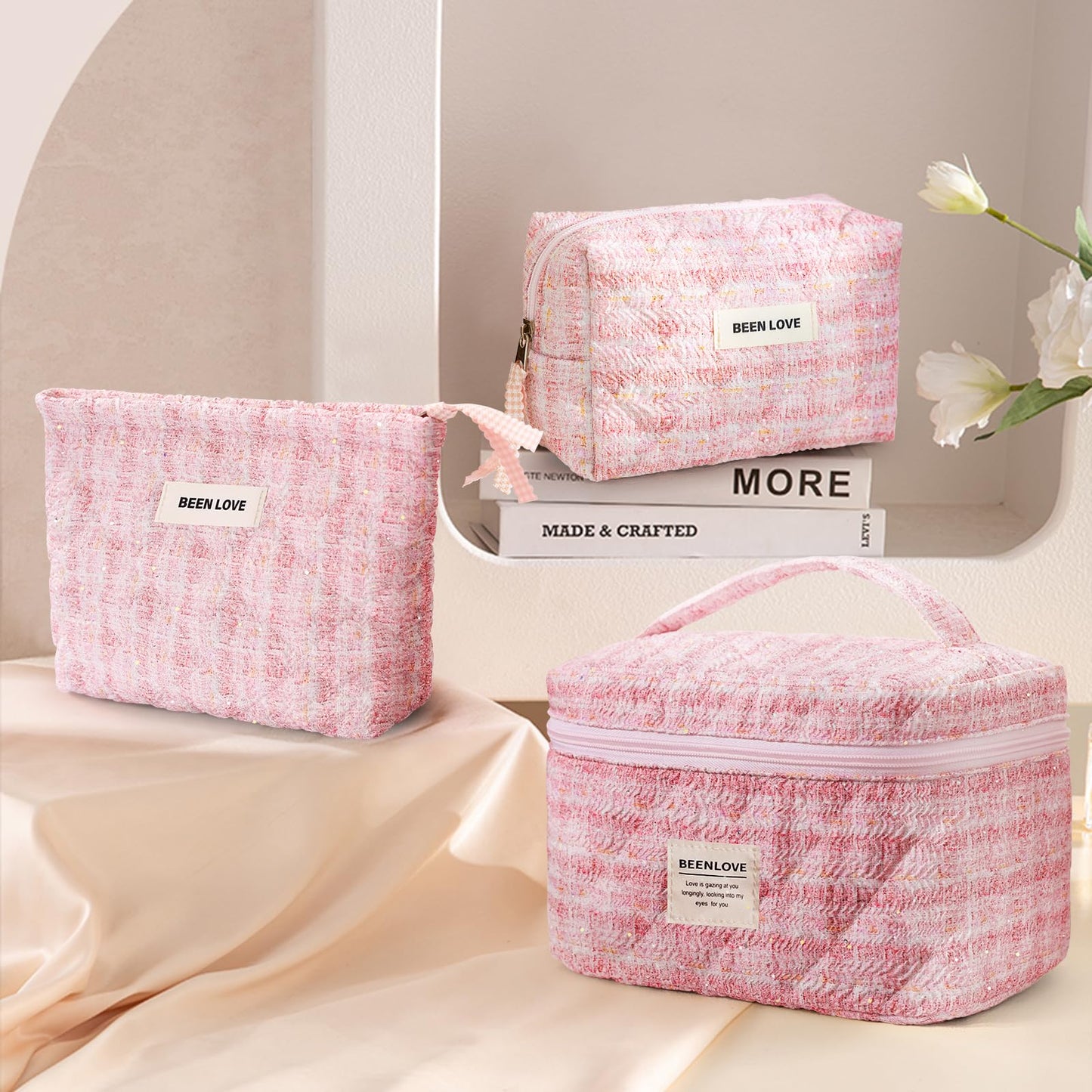 Large Makeup Bag Floral Cosmetic Bag Quilted Flower Travel Makeup Toiletry Bags Set Organizer Cotton Cute Make Up Accessories Zipper Bags Pouch Travel Essentials Gifts for Women Teen Girls Pink