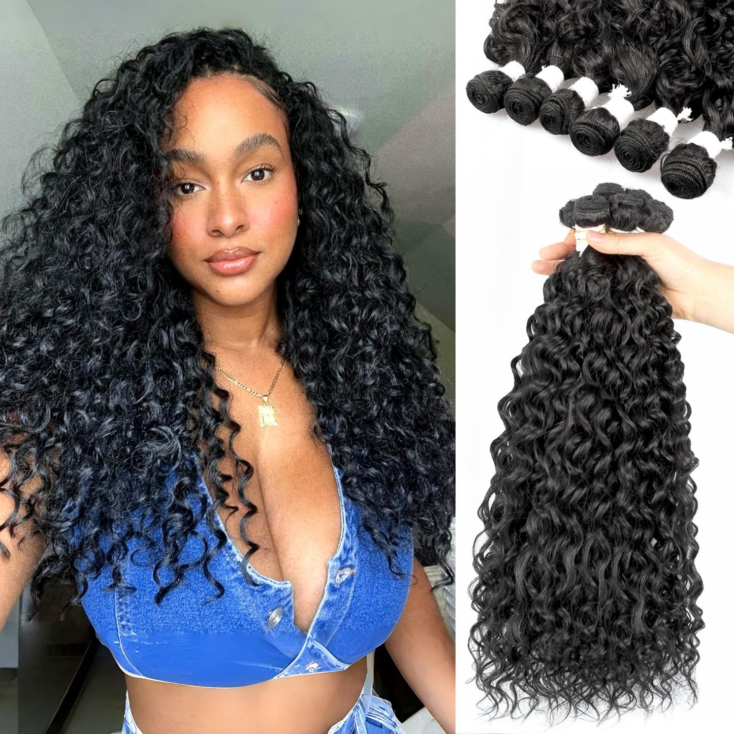 UENOKIPS Water Wave Hair Bundles 100% Pure Protein Silk Curly Bundles 14 16 18 Inch 6 Bundles 270g Synthetic Soft Natural Look Human Hair Feel Wet and Wavy Hair Extensions Natural Black