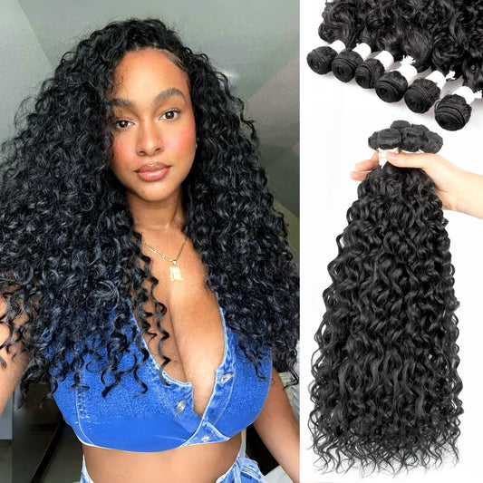 UENOKIPS Water Wave Hair Bundles 100% Pure Protein Silk Curly Bundles 14 16 18 Inch 6 Bundles 270g Synthetic Soft Natural Look Human Hair Feel Wet and Wavy Hair Extensions Natural Black
