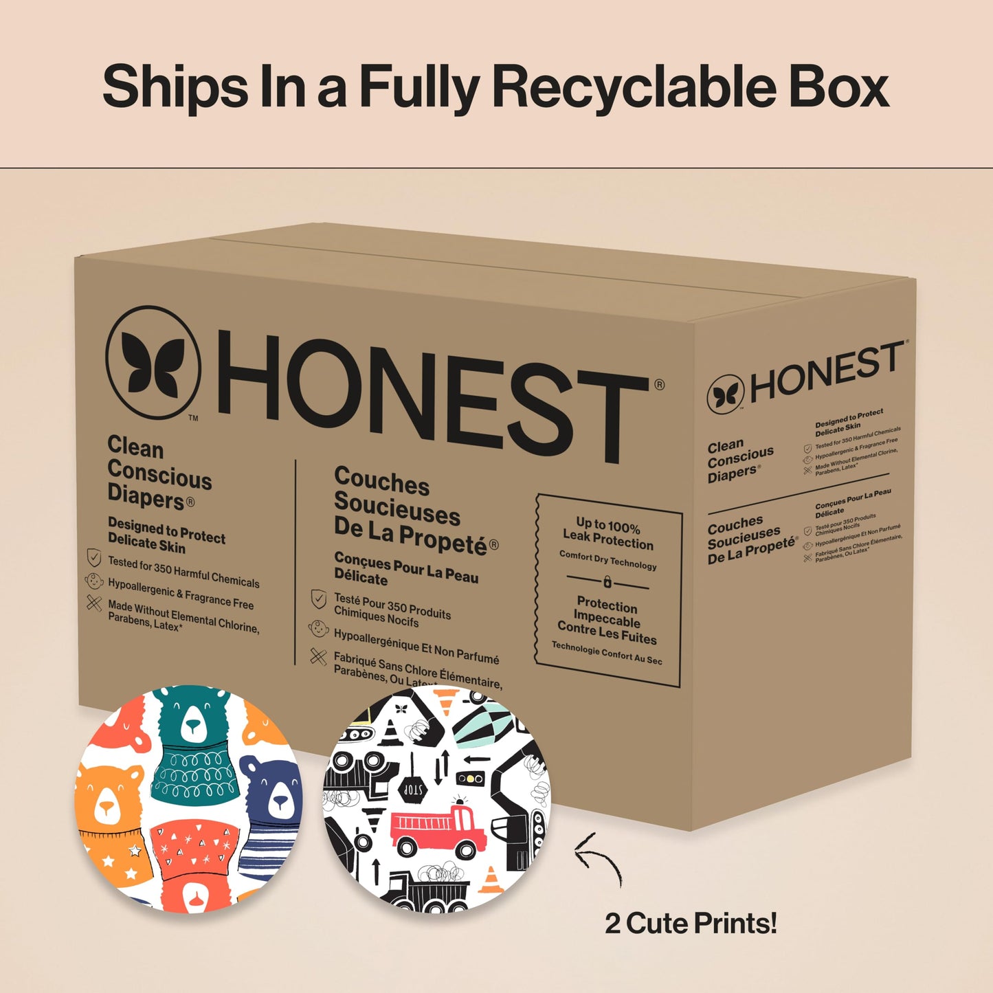 The Honest Company Comfort Dry Disposable Daytime Diapers for Sensitive Skin, Hypoallergenic, Beary Cool + Big Trucks, Super Club Box Size 6 (35 lbs), 68 Count