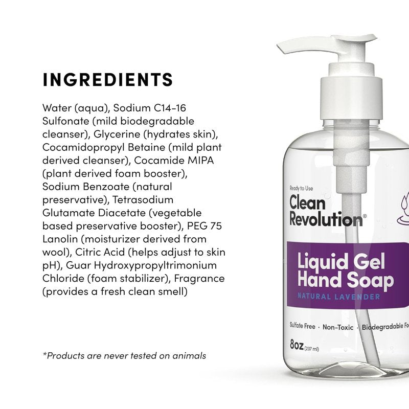 Clean Revolution Liquid Gel Hand Soap - Silky Rich Lavender Formula | Quick Lather, Fast Rinsing, 8 Fl Oz (Pack of 6)
