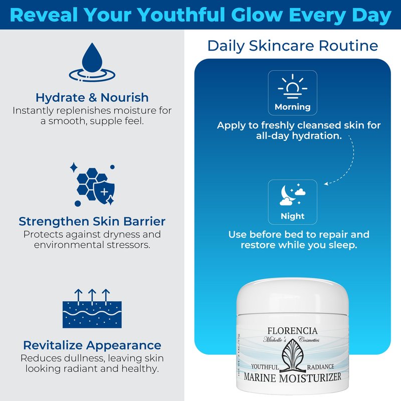 Florencia Marine Moisturizer - Youthful Radiance Face & Neck Cream - Hydrating, Nourishing, Wrinkle, Rejuvenating Cream with Marine Algae Extracts and Hyaluronic Acid for Men & Women, 2 oz